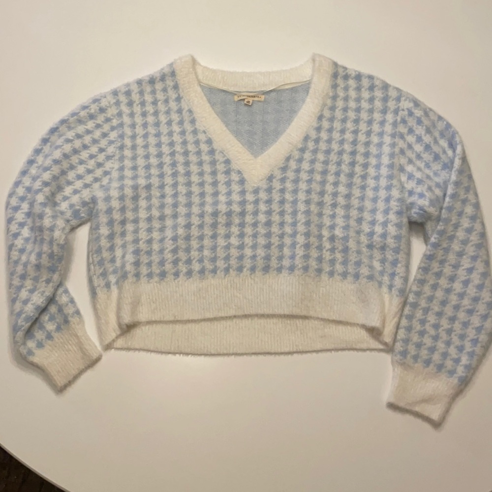 Blue and white houndstooth fluffy sweater